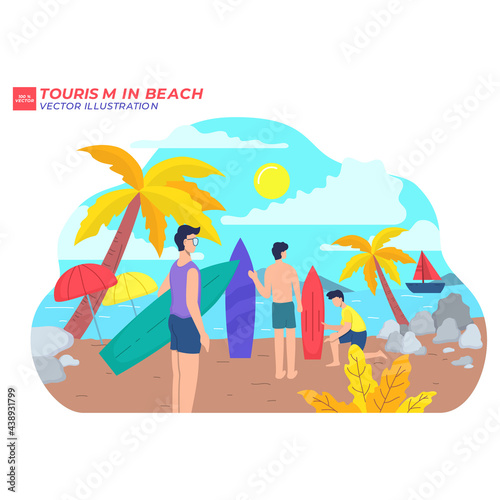 Set of people performing summer sports and leisure outdoor activities at beach, in sea or ocean - playing games, diving, surfing, riding water scooter. Colorful flat cartoon vector illustration.