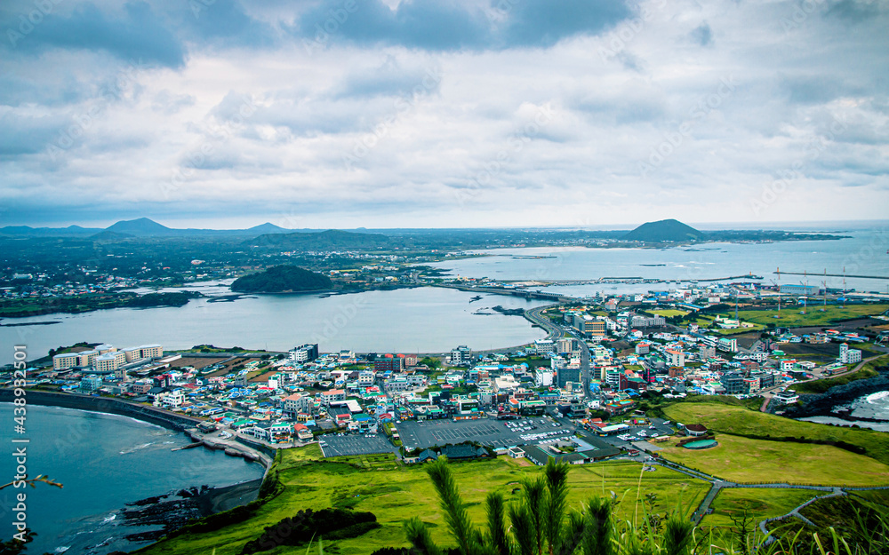 Beautiful seascape jeju beach from Jeju ilchunbong height, South Korea.