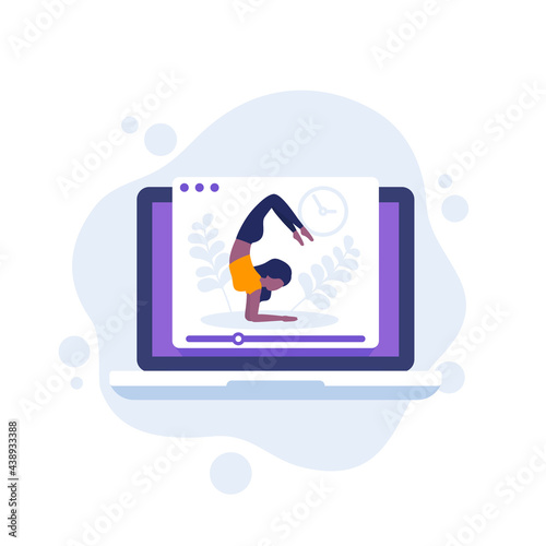 online yoga session, training woman vector illustration