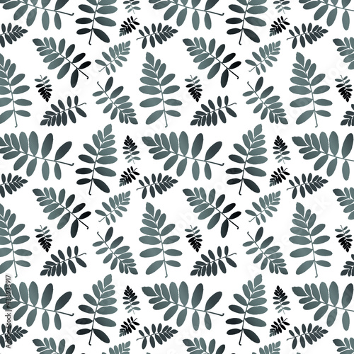 Vector seamless pattern of leaves. Background with tropical plants for wallpaper, textile, design, print. Delicate, fashionable, summer, spring, black and white. Organic, botanical freehand drawing.