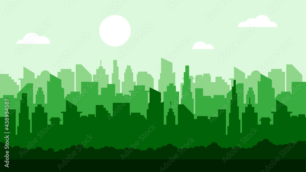 Green silhouette of modern city skyline. Cityscape with sun and clouds. Vector illustration in flat style