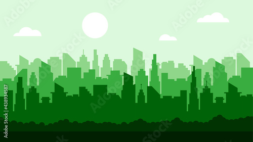 Green silhouette of modern city skyline. Cityscape with sun and clouds. Vector illustration in flat style