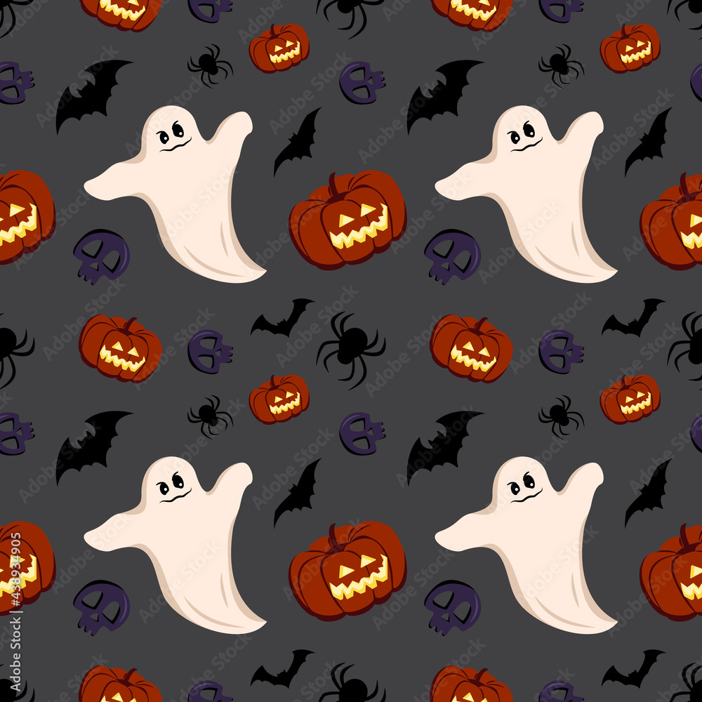 Fototapeta premium Bright dark seamless pattern with pumpkins, ghosts, skulls, bats and spiders. Festive autumn decoration for Halloween. Holiday October background for paper print, textile and design