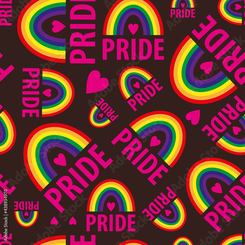 A vector seamless pattern of the words pride. Pride lesbian, gay, bisexual transgender, heart, rainbow on a brown background. Symbol of the LGBT community. For fabric, wallpaper, wrapping, websites.