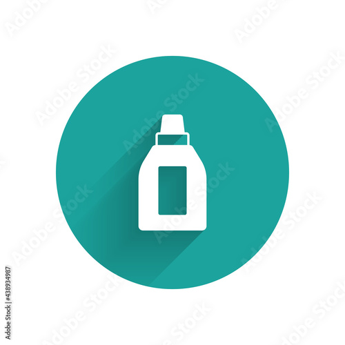 White Plastic bottle for laundry detergent, bleach, dishwashing liquid or another cleaning agent icon isolated with long shadow background. Green circle button. Vector