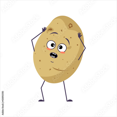 Cute potato character with emotions in a panic grabs his head, face, arms and legs. The funny or sad food hero, vegetable. Vector flat illustration