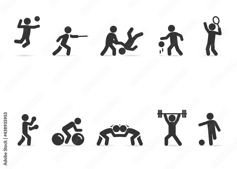 Vector set of sports people, volleyball, fencing, judo, basketball, tennis, boxing, cycling, wrestling, weightlifting, soccer.