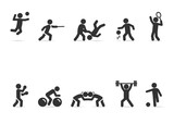 Vector set of sports people, volleyball, fencing, judo, basketball, tennis, boxing, cycling, wrestling, weightlifting, soccer.