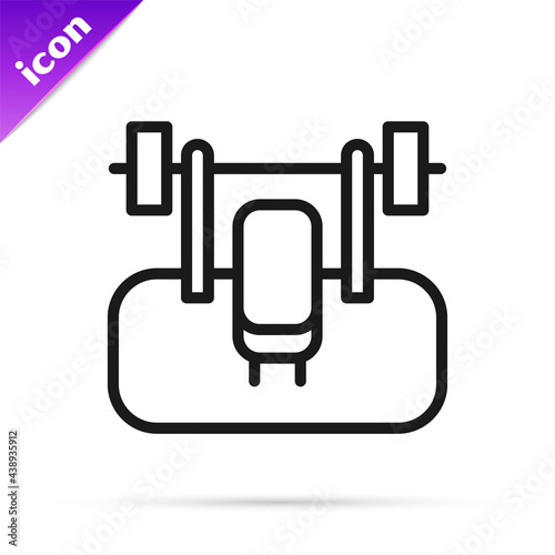 Black line Bench with barbel icon isolated on white background. Gym equipment. Bodybuilding, powerlifting, fitness concept. Vector