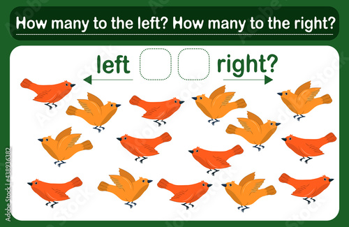 A logic game for kids called Left or right. Spatial orientation with birds. Training sheet. Count how many birds are turned left and how many are turned left.