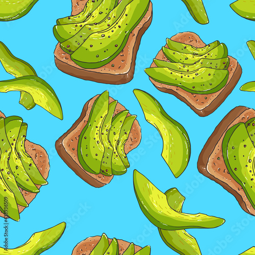 Avocado toast for breakfast. Healthy food. Ripe sliced avocado and whole grain bread. Seamless background with pattern