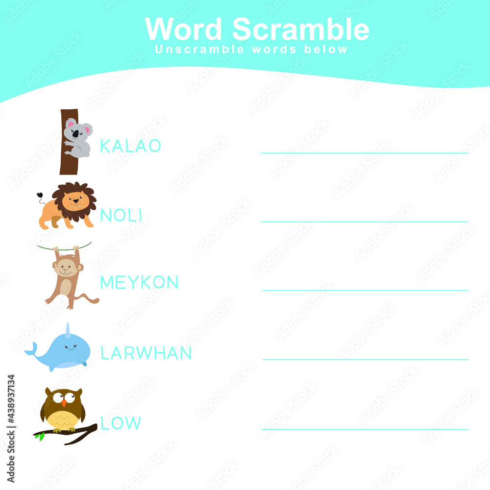 Animals Spelling Word Scramble. Animals spelling words w. Educational activity for preschool kids. Preschool Education. Vector illustration. Animals Spelling Word Scramble. Animals spelling words w. Educational activity for preschool kids. Preschool Education. Vector illustration.