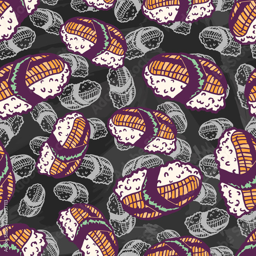 Sushi nigiri. Eel fillet with nori seaweed. Seafood and rice. Traditional Asian Japanese bento dish. Vintage retro style. Seamless background with pattern. Chalk board