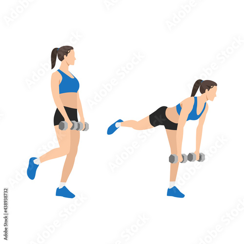 Woman doing Single leg dumbbell straight leg deadlift. Hamstring exercise. Flat vector illustration isolated on white background 