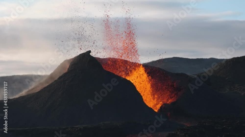 Magma boiling and leaking from erupting volcano, Fagradalsfjall in Iceland. Static view photo