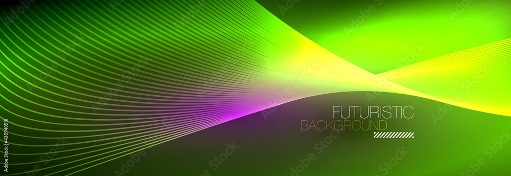 Abstract neon glowing light in the dark with waves. Shiny magic energy and motion concept, vector abstract wallpaper background Abstract neon glowing light in the dark with waves. Shiny magic energy and motion concept, vector abstract wallpaper background