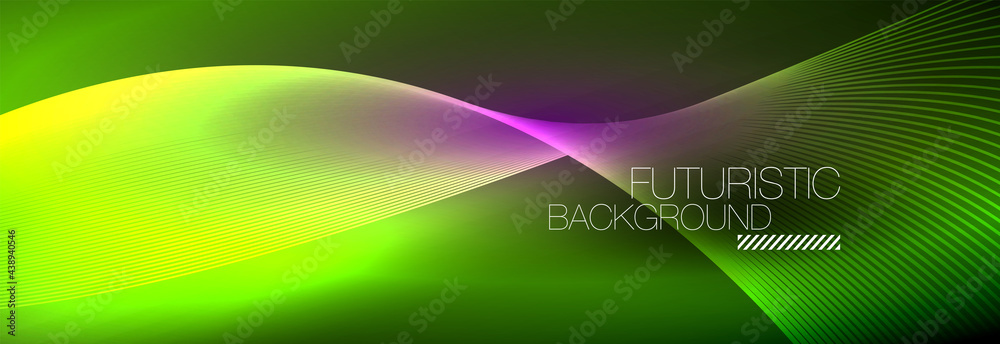 Abstract neon glowing light in the dark with waves. Shiny magic energy and motion concept, vector abstract wallpaper background Abstract neon glowing light in the dark with waves. Shiny magic energy and motion concept, vector abstract wallpaper background