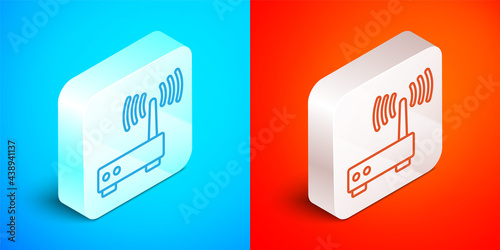 Isometric line Router and wi-fi signal icon isolated on blue and red background. Wireless ethernet modem router. Computer technology internet. Silver square button. Vector
