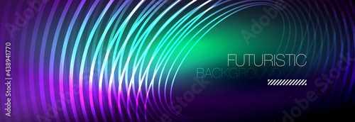 Dark abstract background with glowing neon circles. Trendy layout template for business or technology presentation, internet poster or web brochure cover, wallpaper