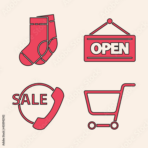 Set Shopping cart, Socks, Hanging sign with Open and Telephone 24 hours support icon. Vector