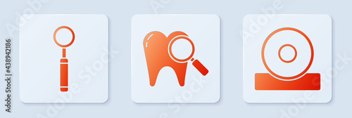 Set Dental search, Dental inspection mirror and Otolaryngological head reflector. White square button. Vector