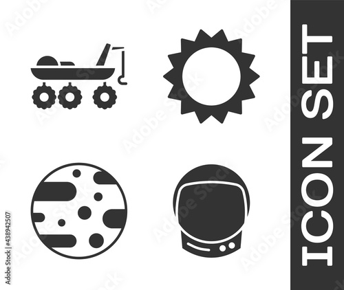Set Astronaut helmet, Mars rover, Planet Mars and Sun icon. Vector