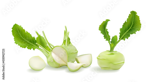 3d realistic Kohlrabi, German turnip or turnip cabbage big vector illustration set Raw bulbs with fresh leaves isolated on white background. biennial vegetable low stout cultivar of wild cabbage. root