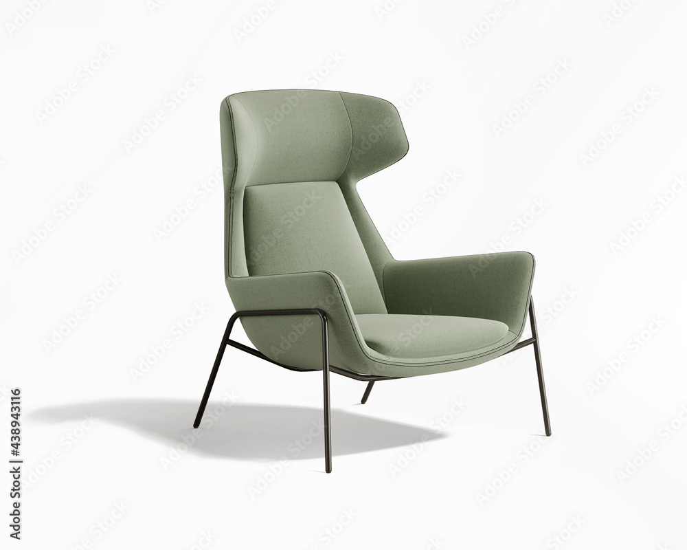 3d rendering of an isolated modern sage green mid century cosy lounge wingback armchair  - obrazy, fototapety, plakaty 