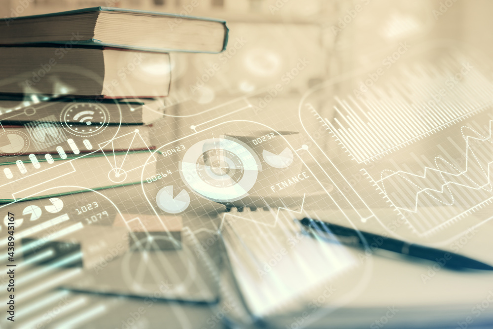 Double exposure of technology theme drawing and desktop with coffee and items on table background. Concept of high tech. Double exposure of technology theme drawing and desktop with coffee and items on table background. Concept of high tech.