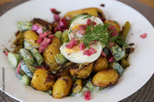 lukewarm salad with fried potatoes, green asparagus, cucumber, diced onion and egg seasoned with dill photo