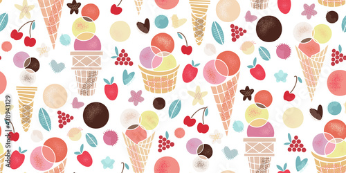 Pattern of tasty sweet food. Summer party. Flat Vector illustration of healthy food Ice cream in a waffle cup, popsicles, fruit ice, truck with berries, chocolate. Wallpaper decor