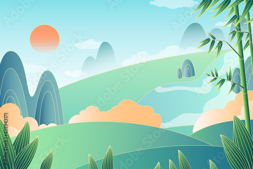 Illustration of Natural Scenery in Spring. Misty mountain tops. Green trees and hills at sunset.