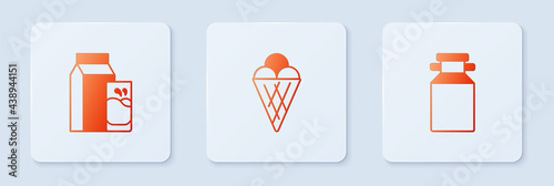 Set Ice cream in waffle cone, Paper package for kefir and Can container milk. White square button. Vector