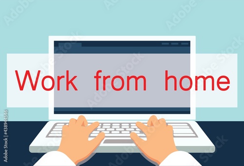 Depicted hands on laptop keyboard, quarantine work at home, vector illustration