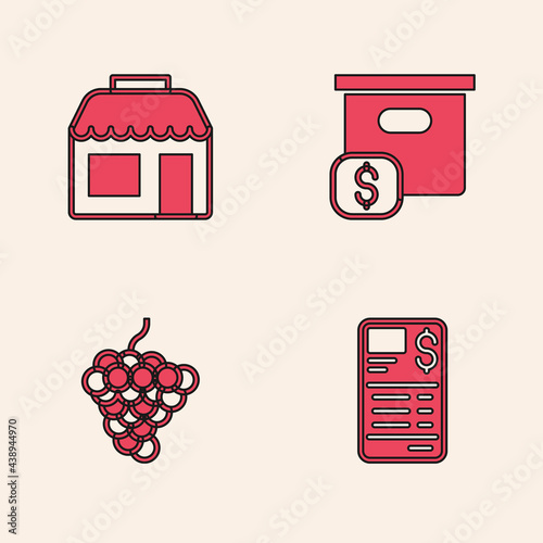 Set Paper or financial check, Market store, Carton cardboard box with price and Grape fruit icon. Vector