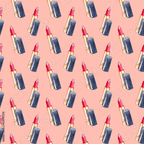 Hand drawn watercolor seamless pattern with makeup products. Red Lipstick