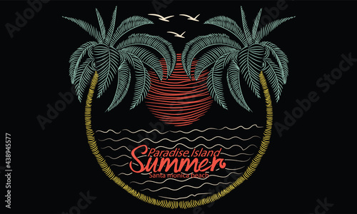 paradise island vector . summer illustration  for t shirt. Summer time vector design. Palm tree vector artwork. nature vibes art.