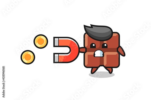 the character of chocolate bar hold a magnet to catch the gold coins
