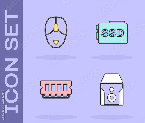 Set Uninterruptible power supply, Computer mouse, RAM, random access memory and SSD card icon. Vector