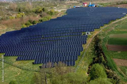 Solar panel produces green, environmentaly friendly energy. Aerial view from drone photo