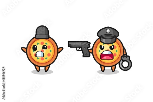 illustration of pizza robber with hands up pose caught by police