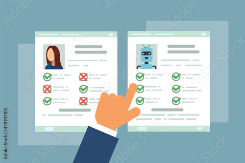 Replacing human vacancies by robots, reviewing a resume, choosing the best, job applicant, vector, illustration