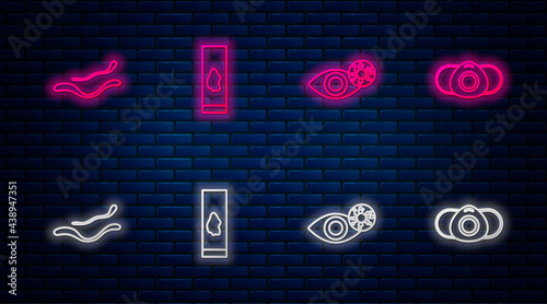 Set line Blood test and virus, Reddish eye due to, Ebola disease and Medical protective mask. Glowing neon icon on brick wall. Vector
