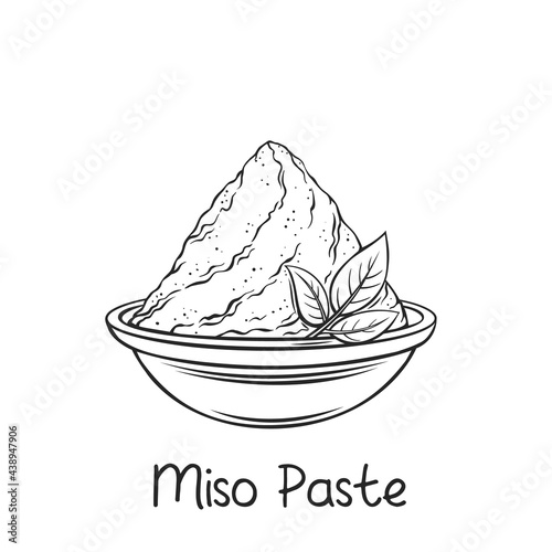 Miso paste in bowl outline vector icon, drawing monochrome. Japanese food miso illustration
