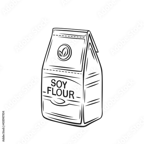Soy flour in a paper bag outline vector icon, drawing monochrome. Healthy food vector illustration for design vegetarian diet