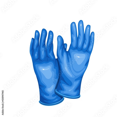 Blue medical latex protective gloves. Color vector illustration of surgery hospital gloves.
