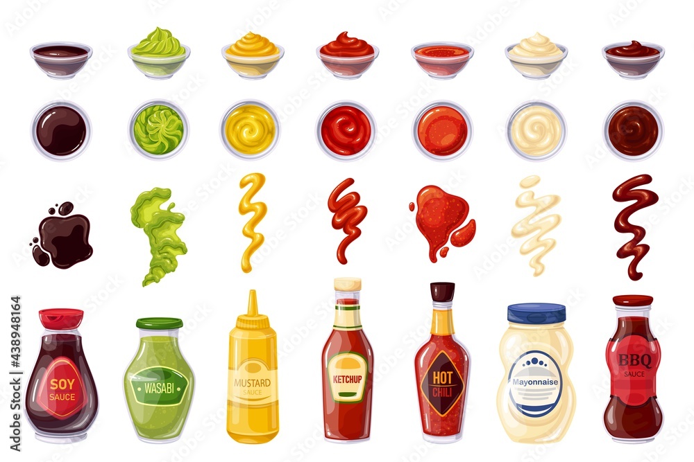 Sauces bottle and bowls, soy sauce, ketchup, mayonnaise, wasabi, hot chili, mustard, bbq, splash strips, drops and spots. Vector illustration. - obrazy, fototapety, plakaty 