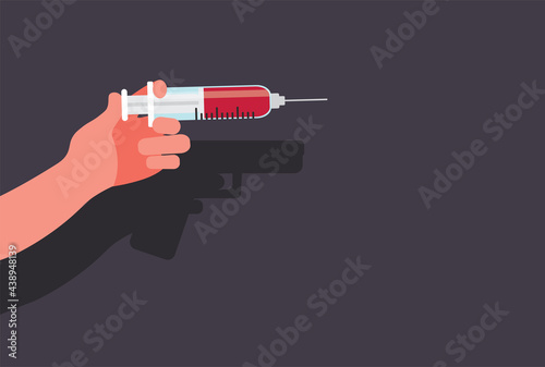 Drug addiction, drug kill, hand with syringe with shadow of a pistol, vector