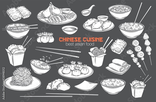 Chinese cuisine vector white monochrome isolated cut icon set. Wok, peking duck, dumplings, wonton, fried noodles and rolls. Asian food engraved Mapo tofu, rice, Dragons beard candy and tanghulu.
