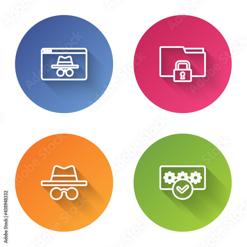 Set line Browser incognito window, Folder and lock, Incognito mode and Password protection. Color circle button. Vector